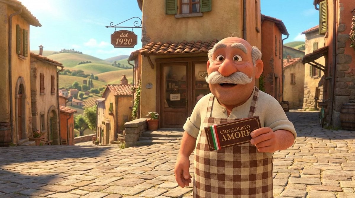Pixar Style Italian Man in Front of Chocolate Shop