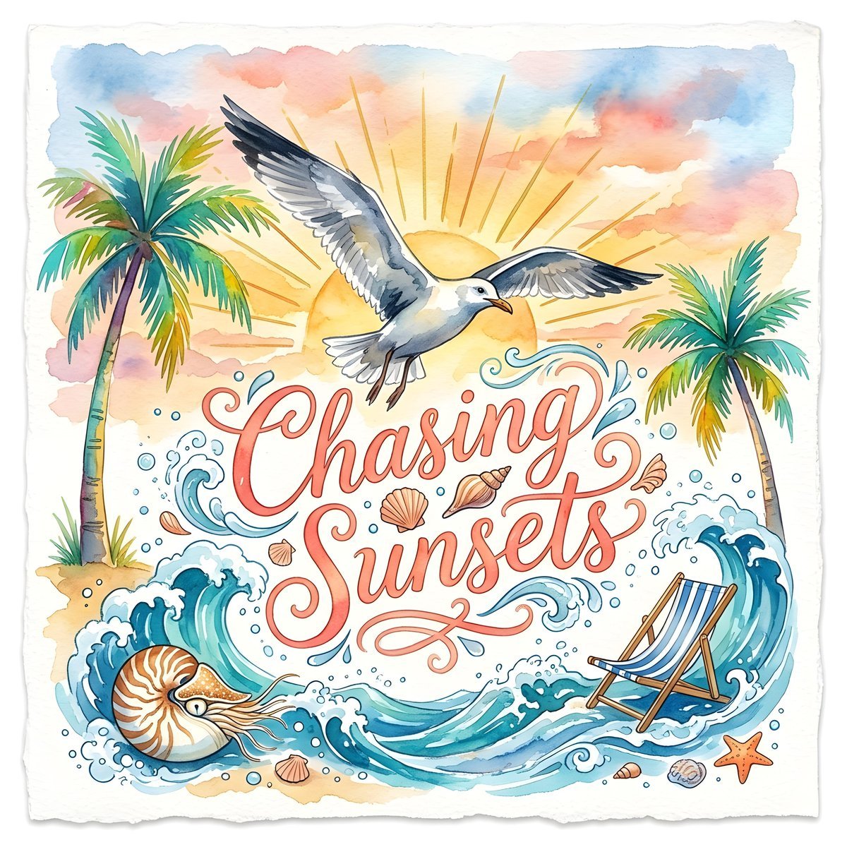 Chasing Sunsets Seagull Watercolor — AI image template example