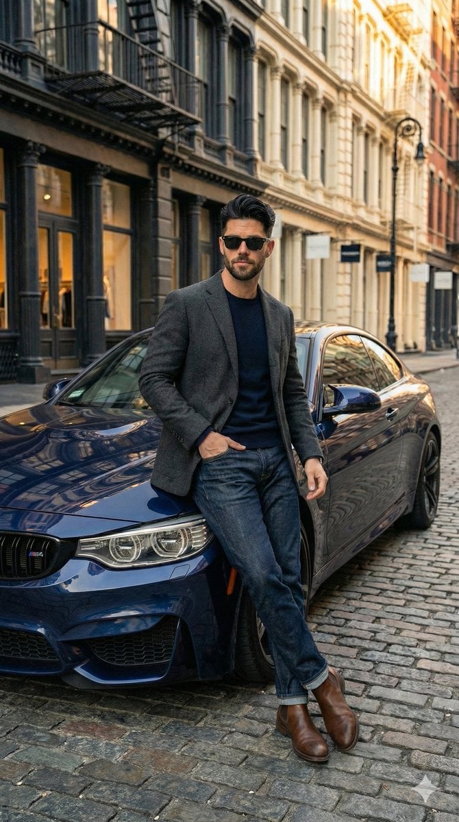 Hyper-Realistic Street View of Man Leaning on BMW