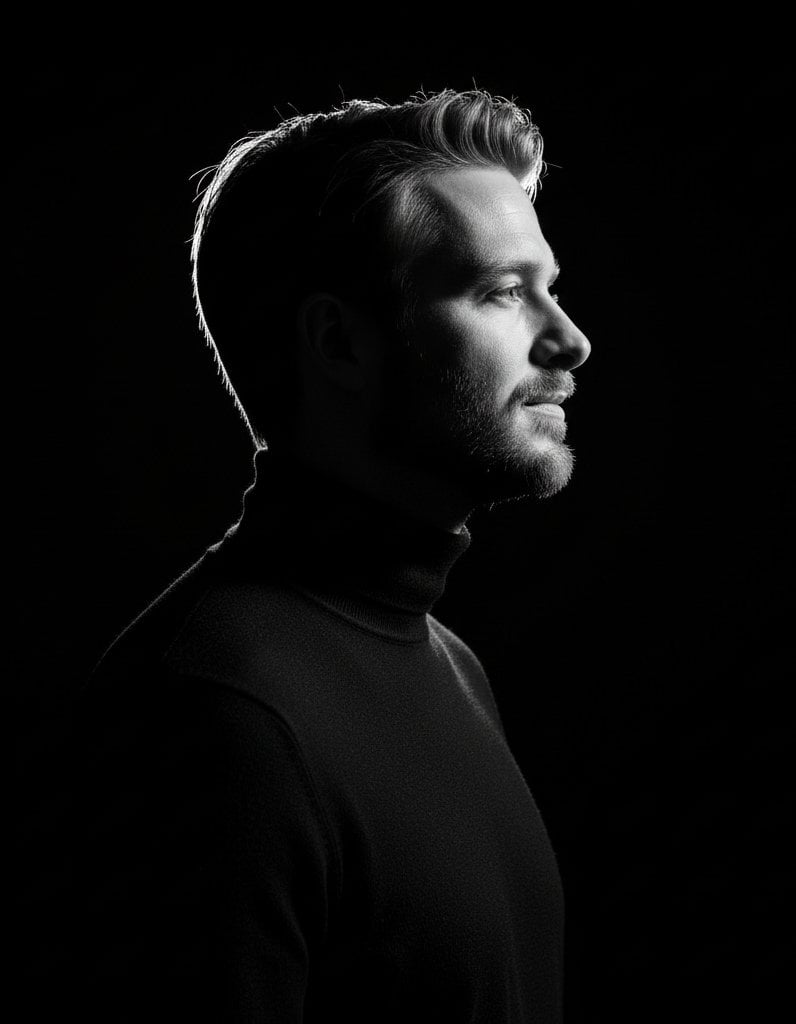 High-contrast rim-lit black and white conceptual side-profile portrait