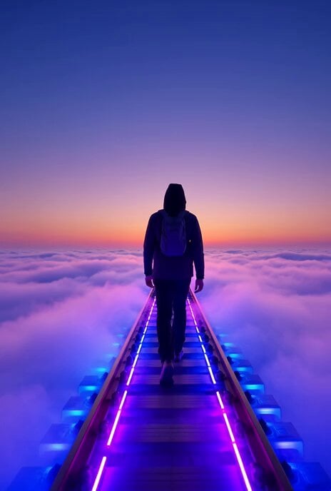 Neon Railway Traveler Over Clouds