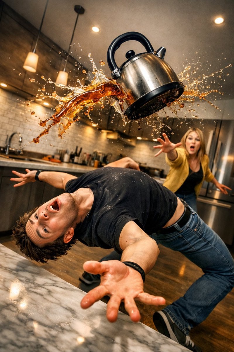Surreal comedic scene inside a modern kitchen a young man bends backward