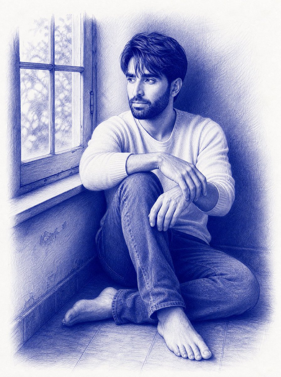 Monochromatic Blue Ballpoint Pen Portrait — AI image template example