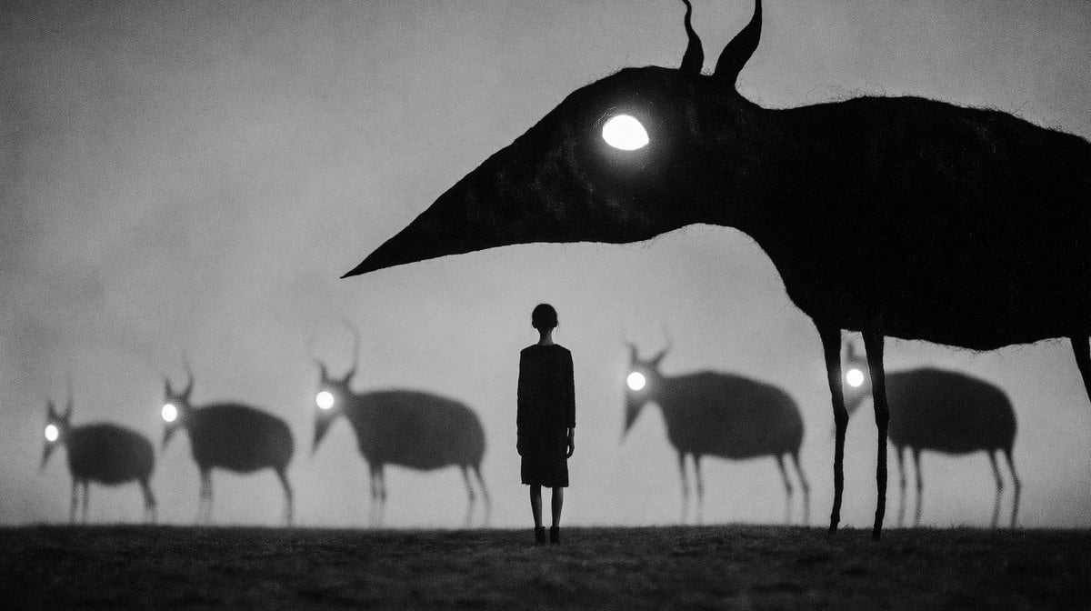 Monochrome Surreal Bird-Beast Encounter