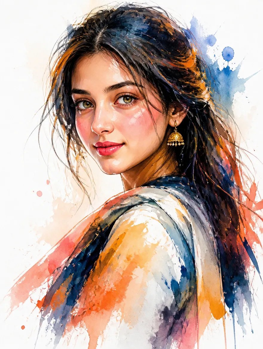 Watercolor Mixed-Media Woman Portrait — AI image template example