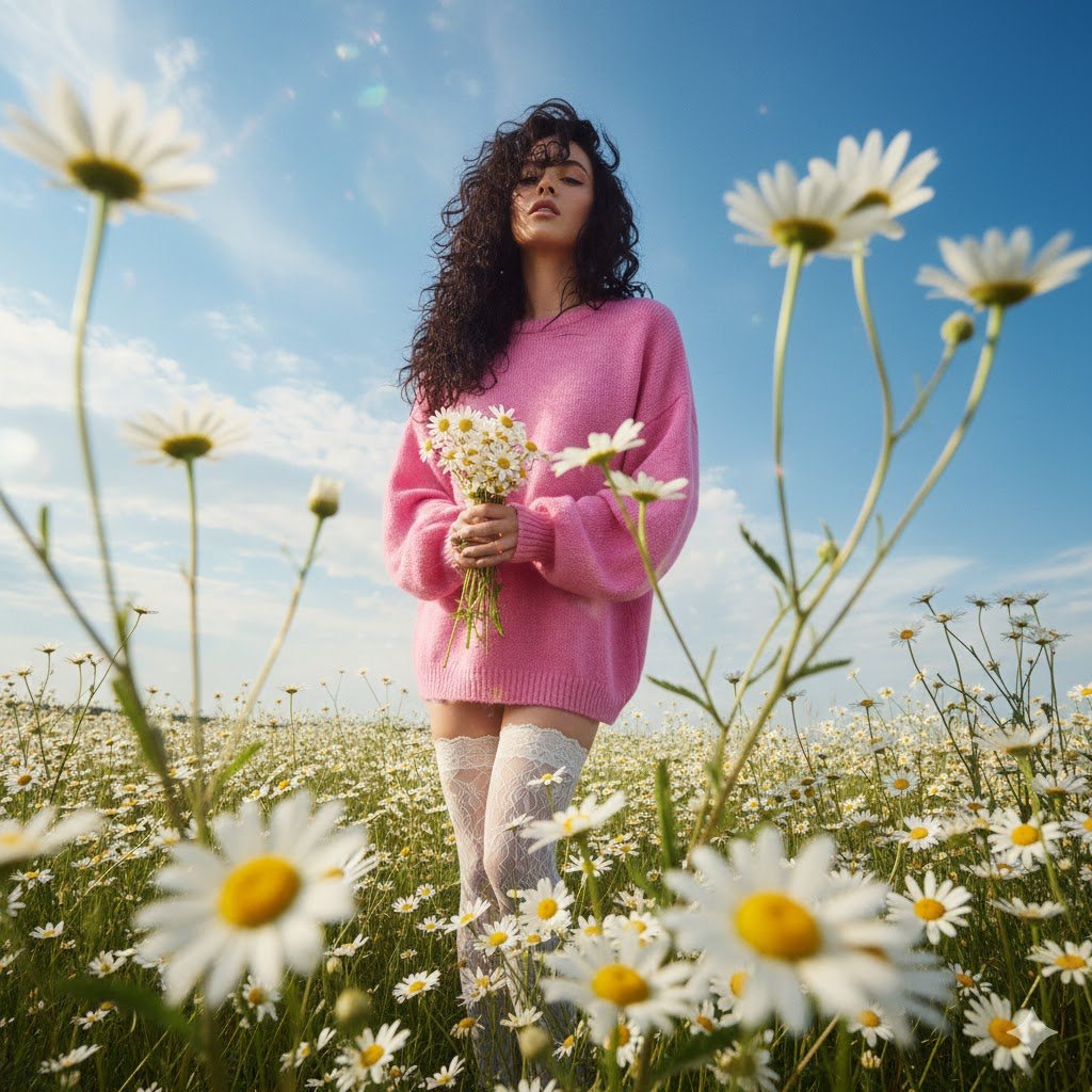 Hyper-realistic High-Fashion Editorial with Daisies