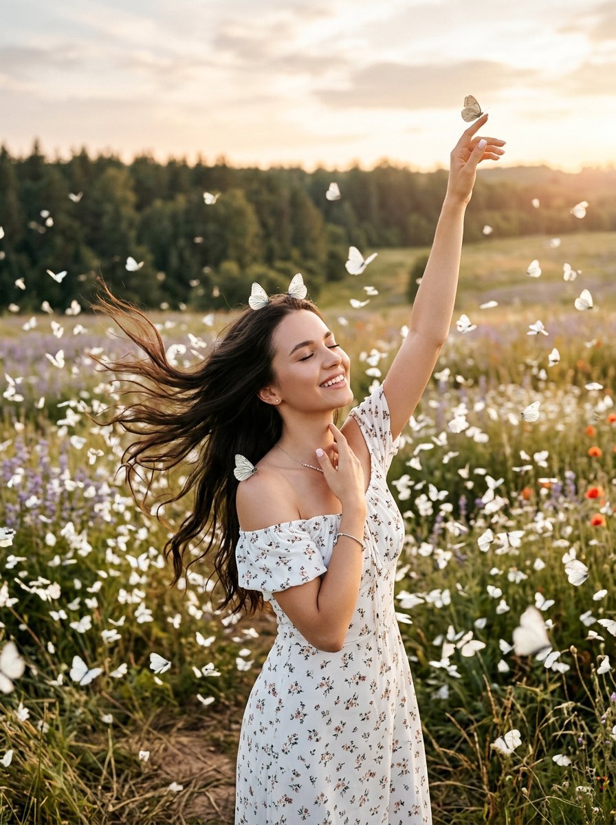 Woman with Soaring White Butterflies — AI image template example