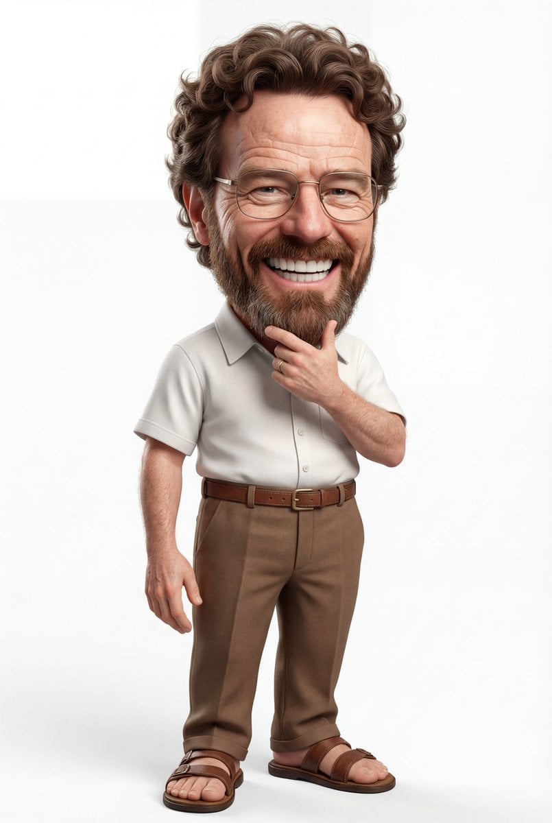 A highly detailed 3D caricature of a cheerful man with an oversized