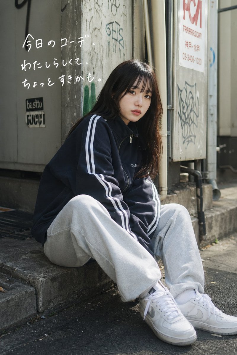 Casual Street Outfit Photo with Handwritten Text