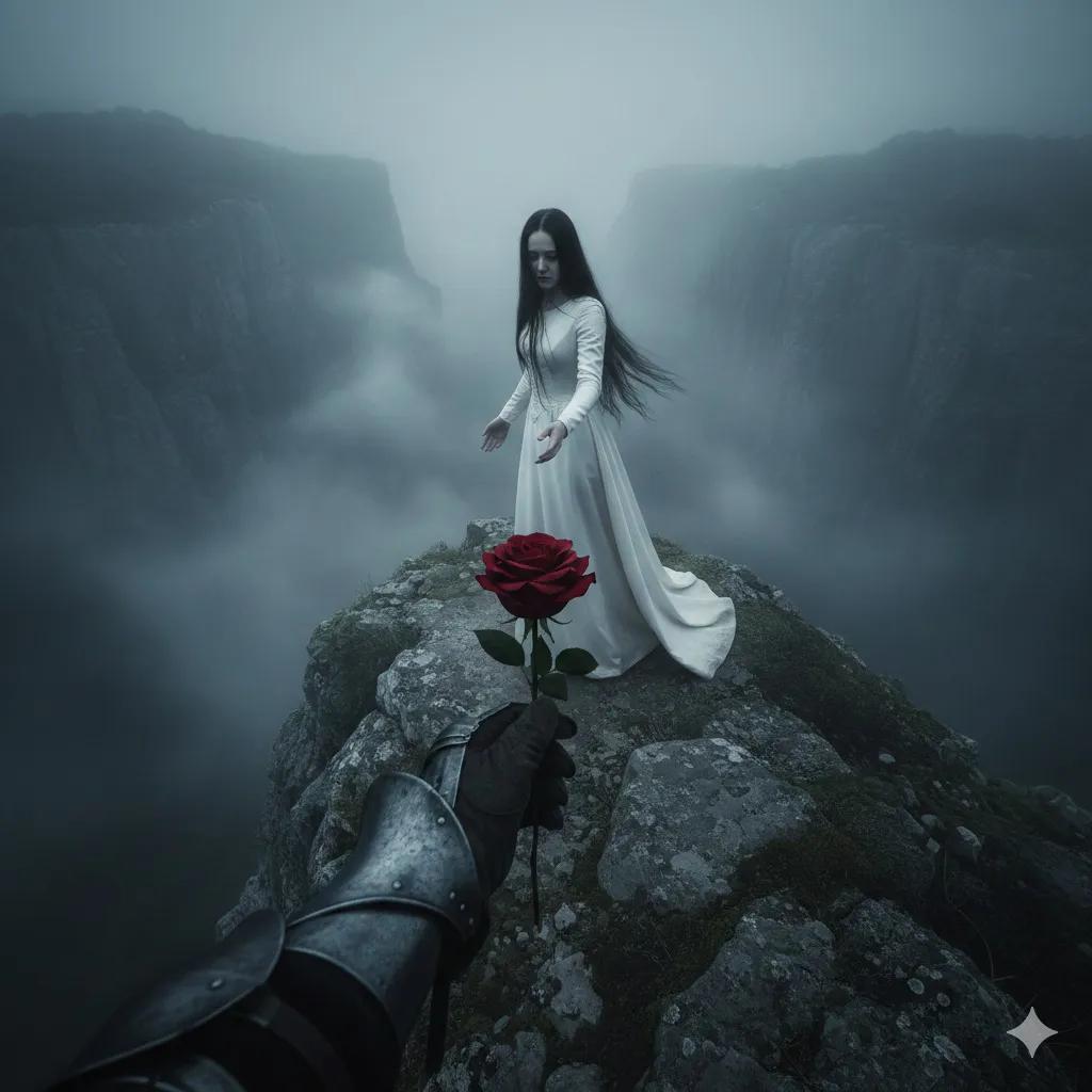 Haunting Cinematic Cliff Scene with Red Rose