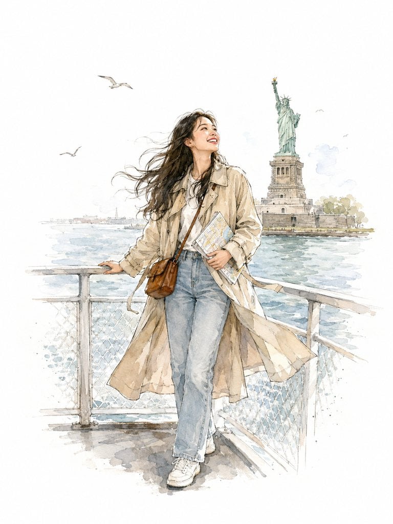 Watercolor Illustration of a Woman on a NYC Ferry — AI image template example