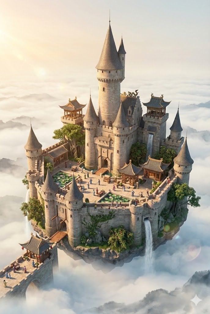 Floating Sky Castle Digital Art Poster Prompt