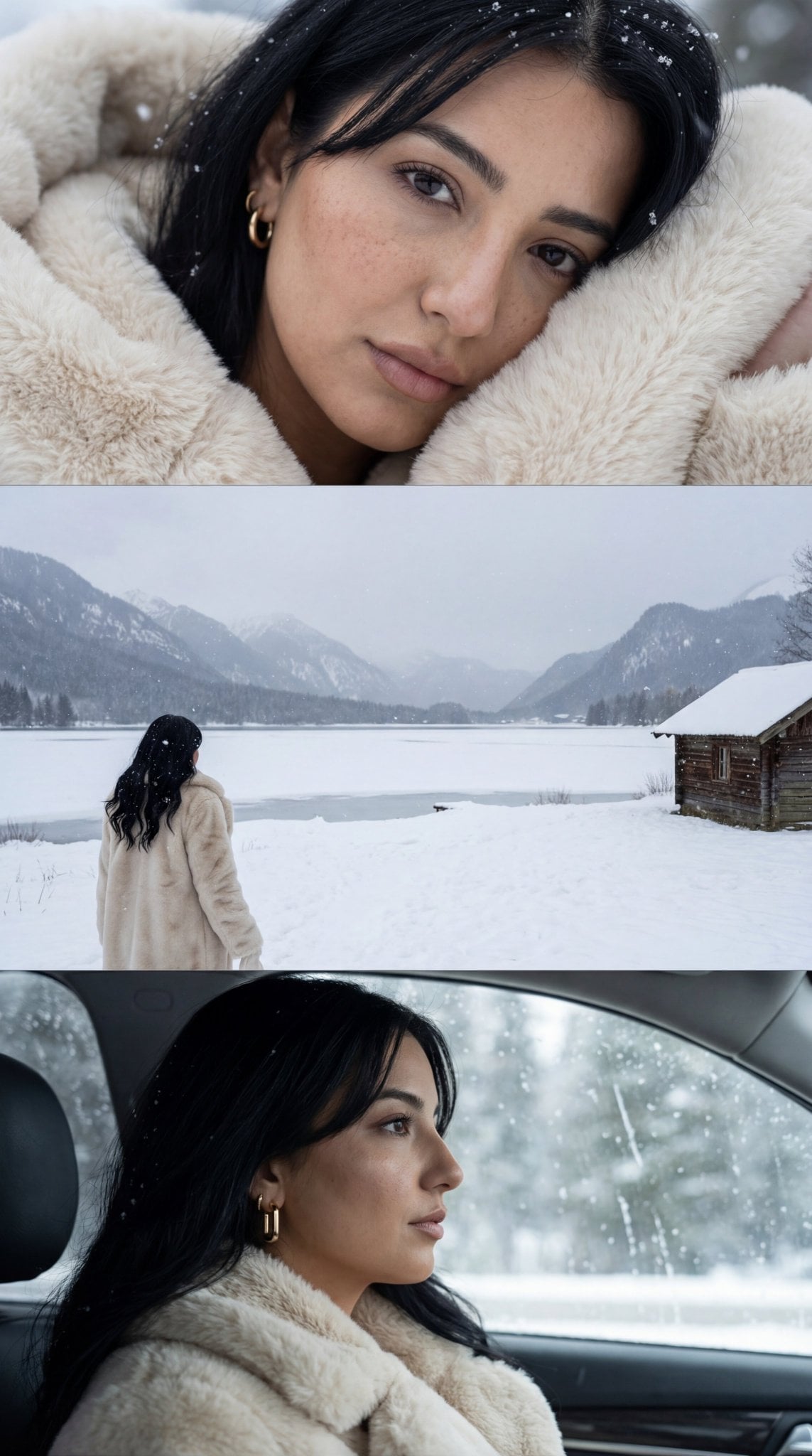 ONE single ultra-photoreal cinematic editorial image as a three-strip