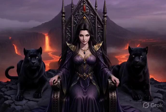 Grok Imagine Video Prompt: Conan-esque Queen on a Volcano Throne