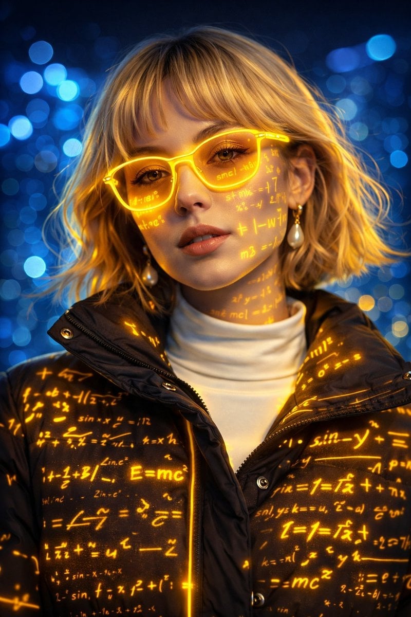 A futuristic cyber-aesthetic portrait of a young woman wearing glowing