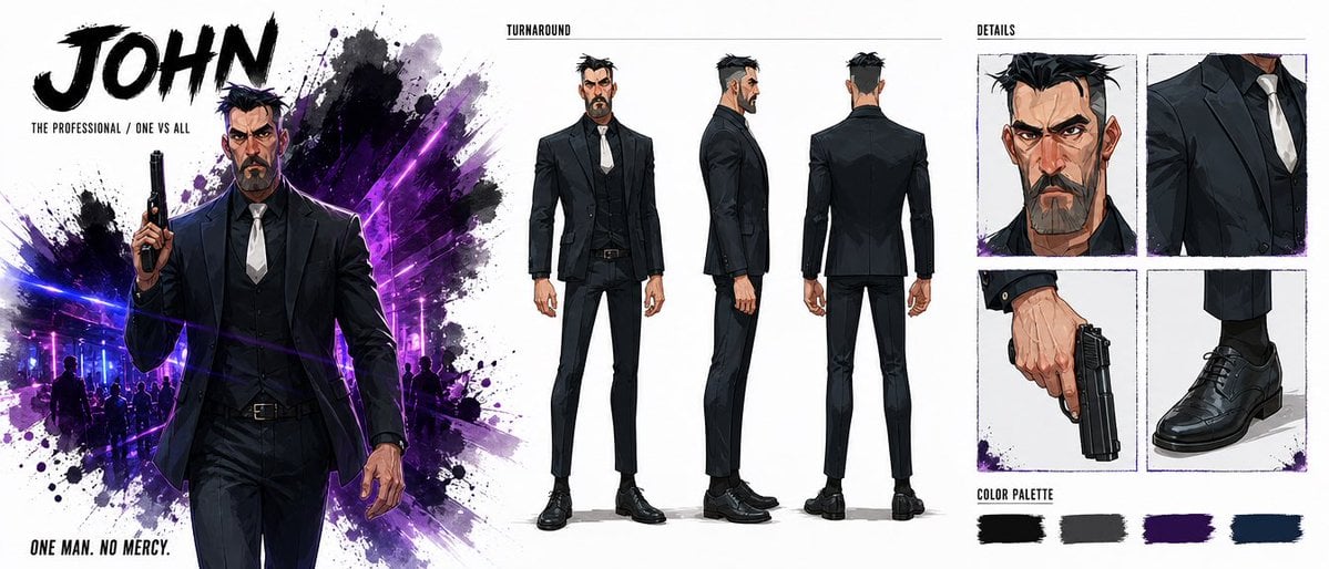 Noir Assassin Character Sheet — AI image template example