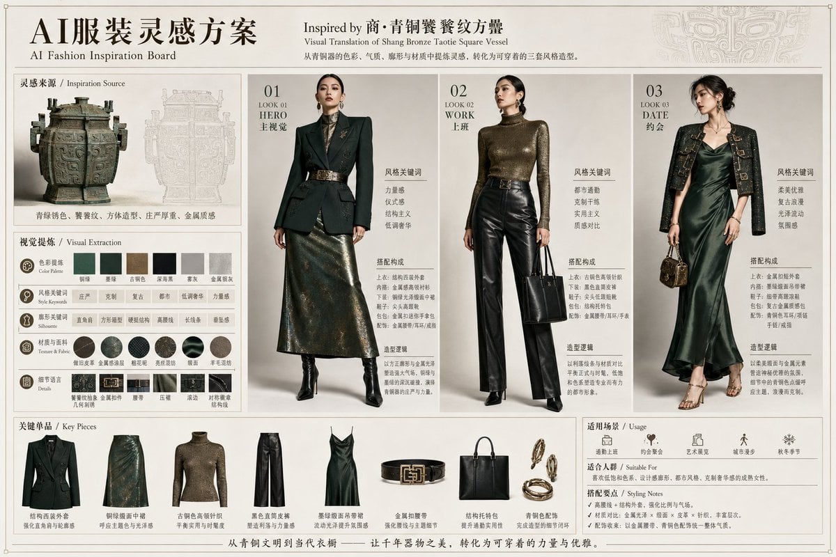 Bronze Vessel Fashion Inspiration Board — AI image template example