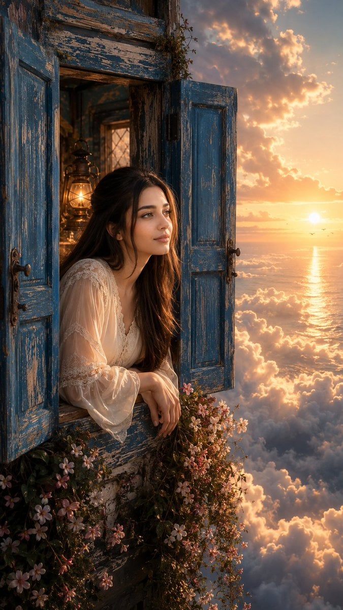 Surreal Fantasy Floating Window Portrait — AI image template example