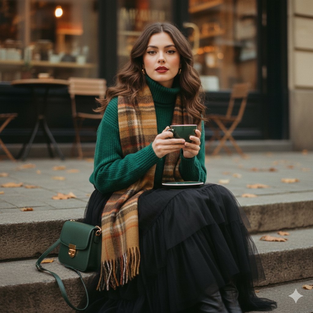 A cinematic 1970s-inspired fashion portrait of a young woman seated
