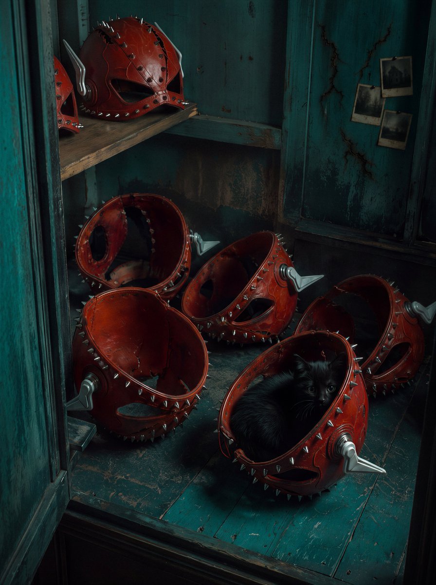 Red Spiked Mask Cabinet Still Life — AI image template example