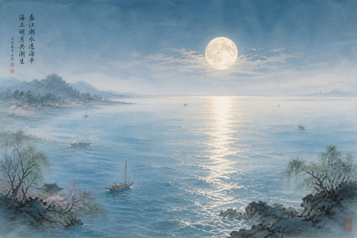 Moonlit Chinese Seascape — AI image template example