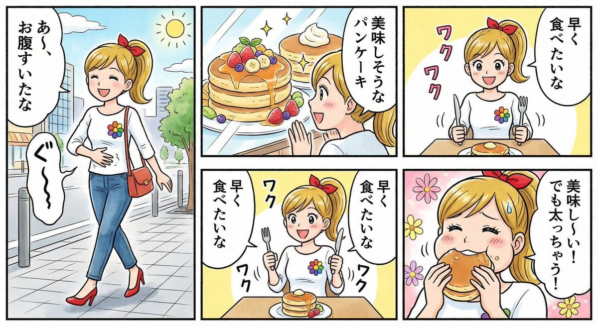 Four-panel manga about a hungry woman and pancakes