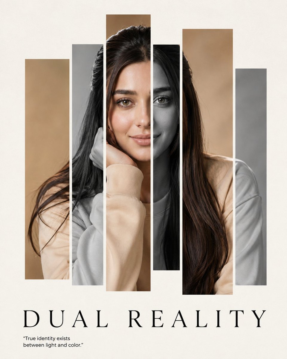 Dual Reality Vertical Panel Portrait — AI image template example