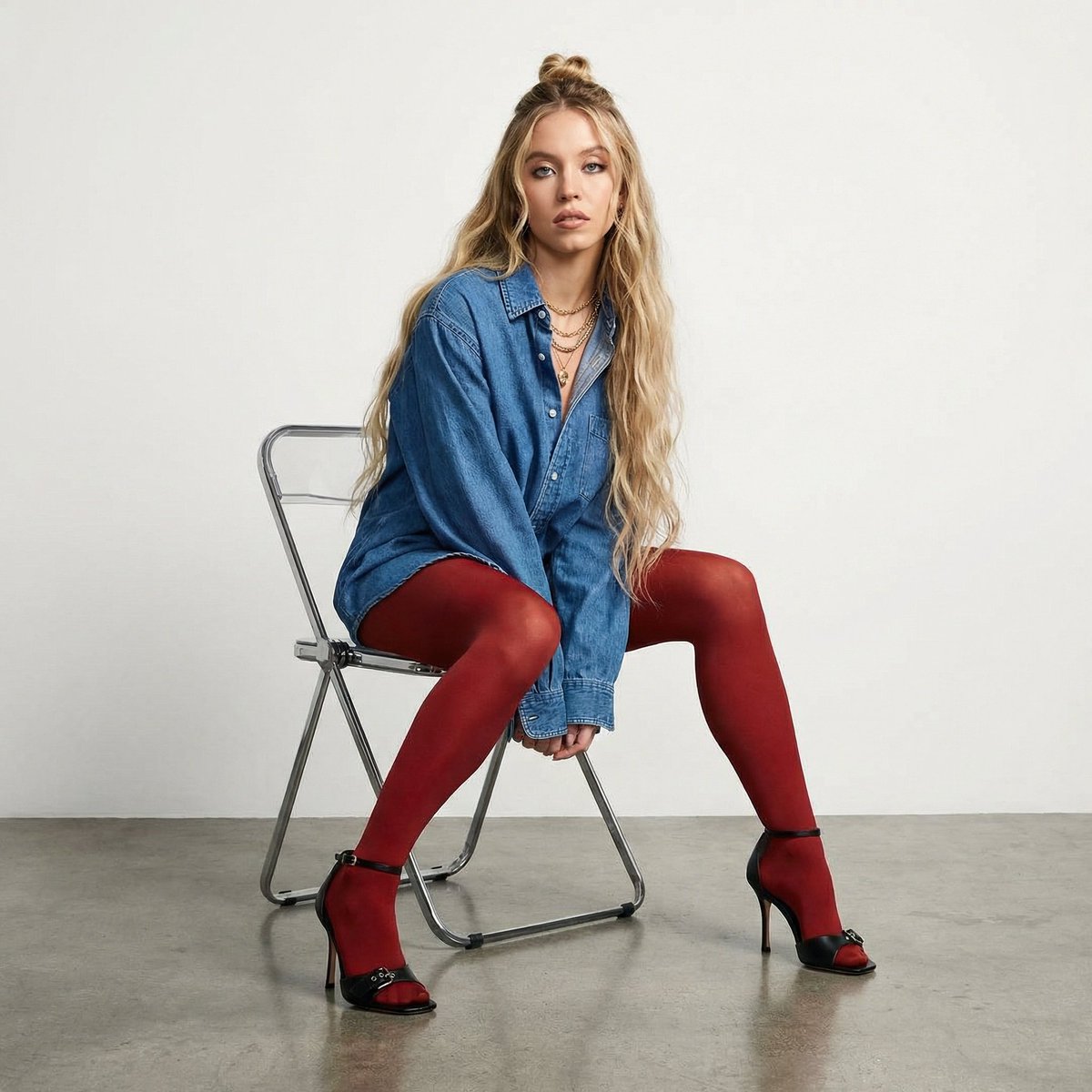 High-Fashion Denim Photoshoot with Ultra-Long Hair