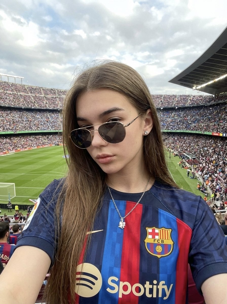 Realistic, selfie-style photo of a woman wearing a Barcelona jersey