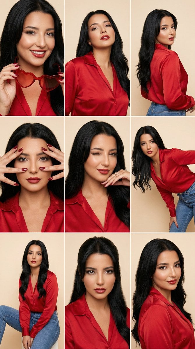 Fashion Editorial Grid Prompt (Red Satin Heart Glasses)