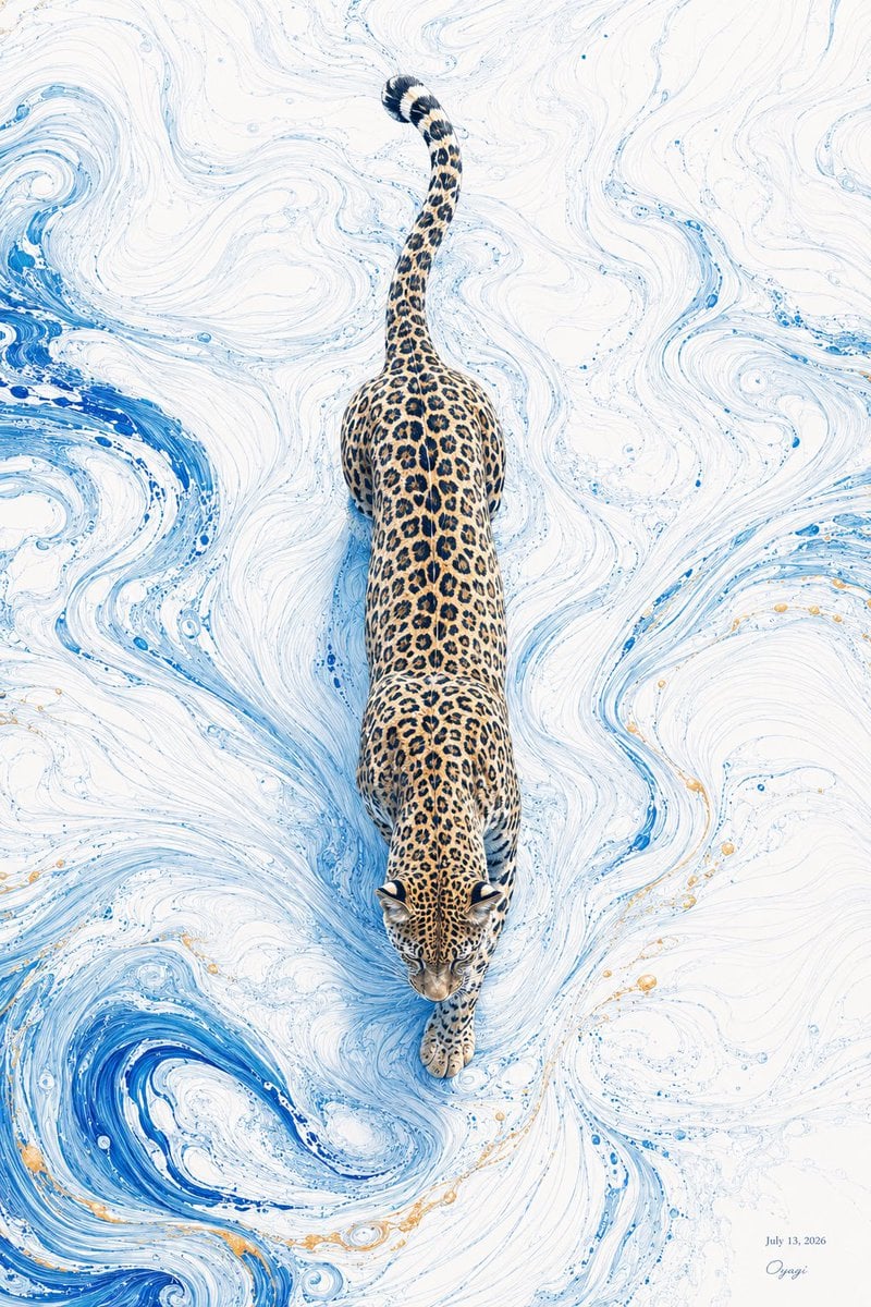 Overhead Leopard in Blue Marble Swirls