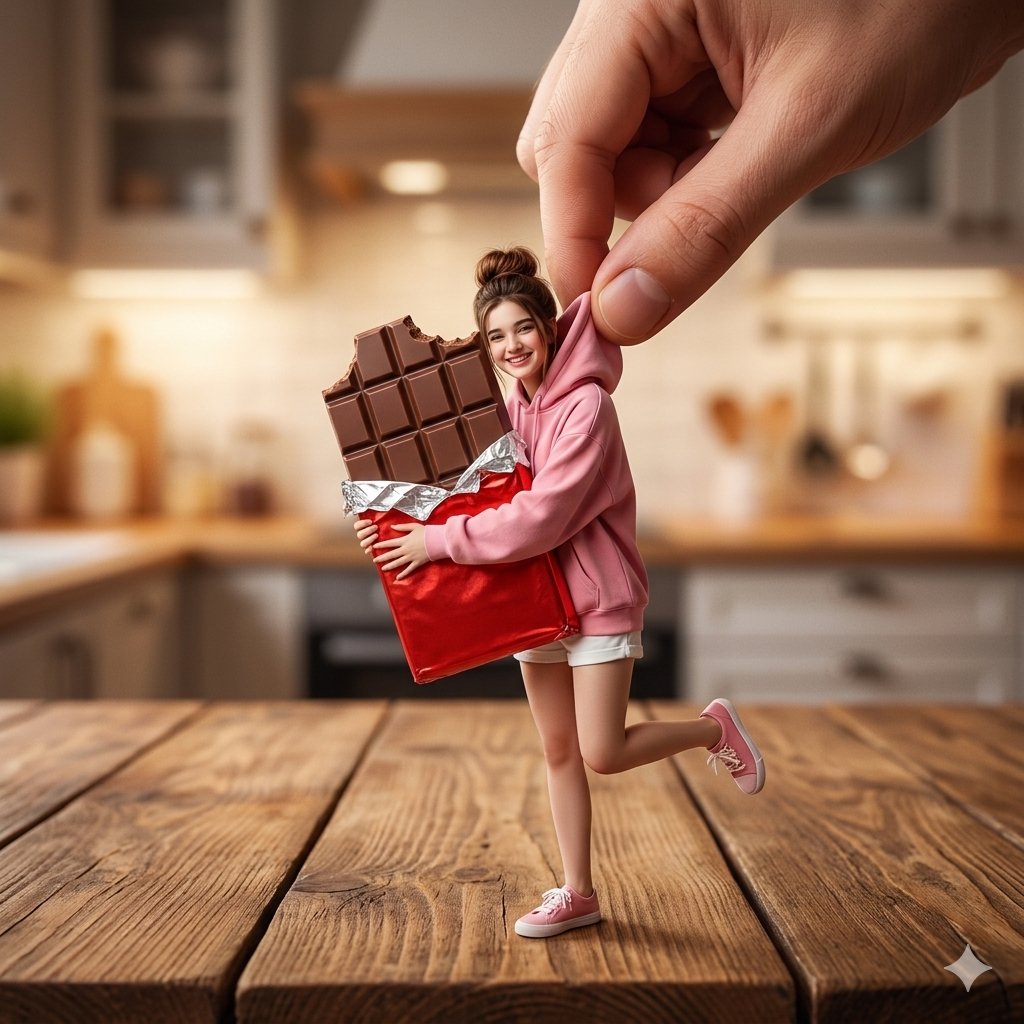 Tiny Woman Hugging Giant Chocolate