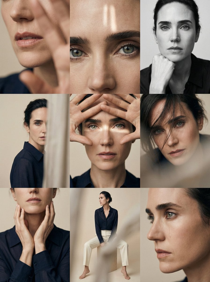 Editorial 3x3 photo grid in a clean soft beige studio