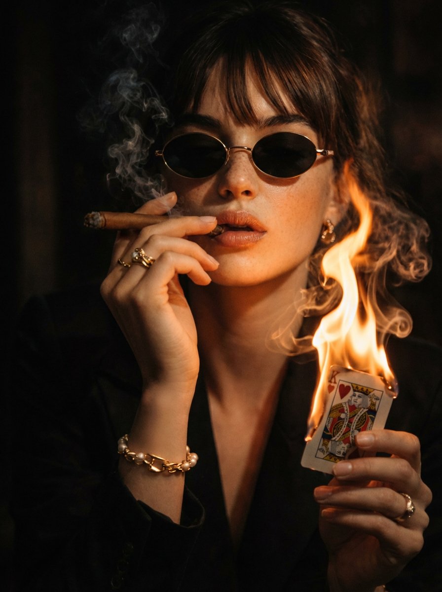A cinematic, moody portrait of a stylish women in dark suit and oval — AI image template example