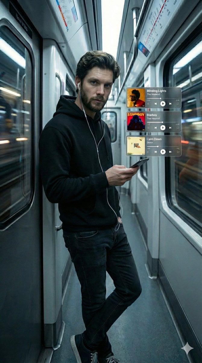 Cinematic Subway Portrait with Holographic Music UI