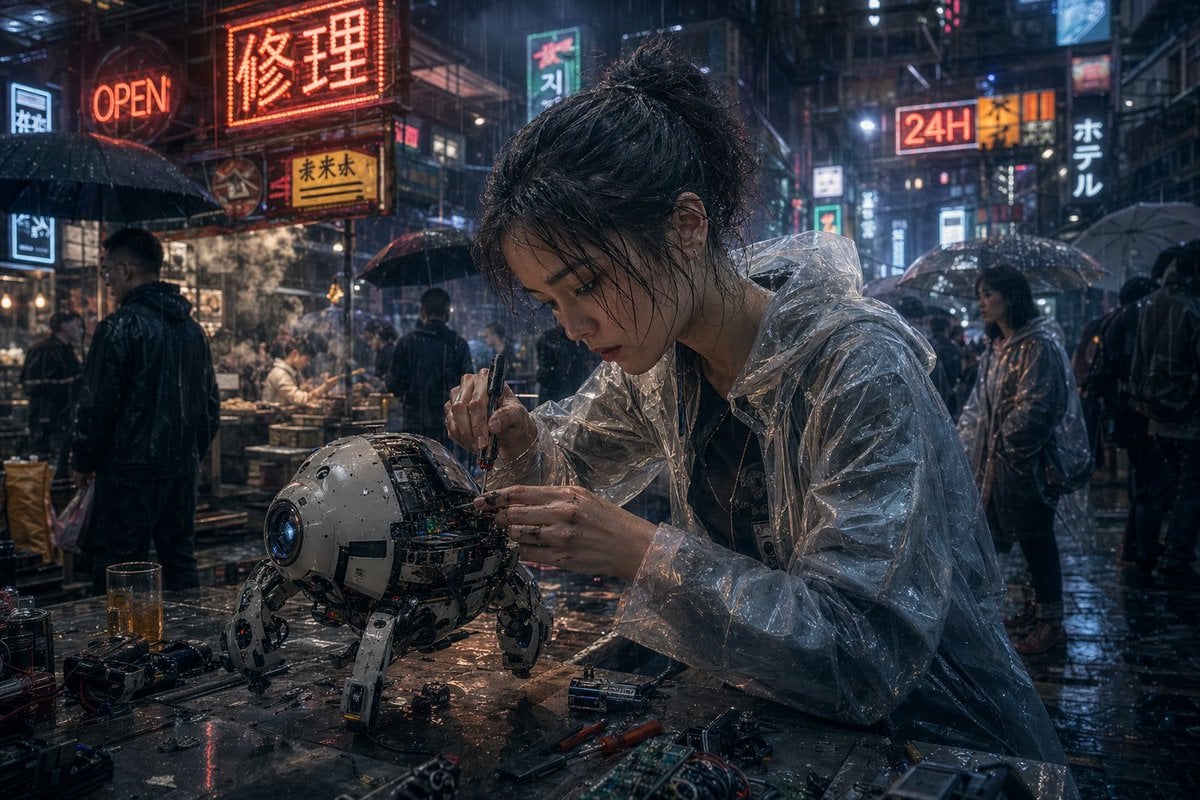 Cyberpunk Rainy Street Robot Repair