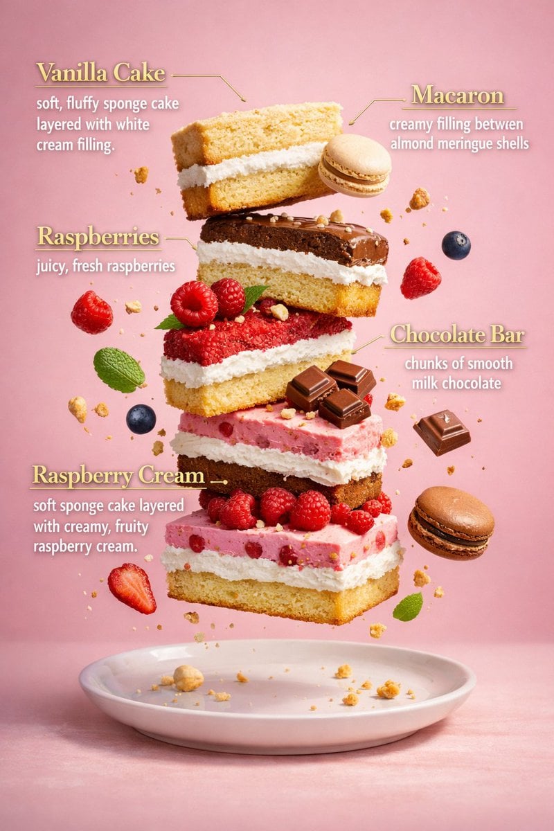 A vertical stack of assorted cake slices floating above a white ceramic