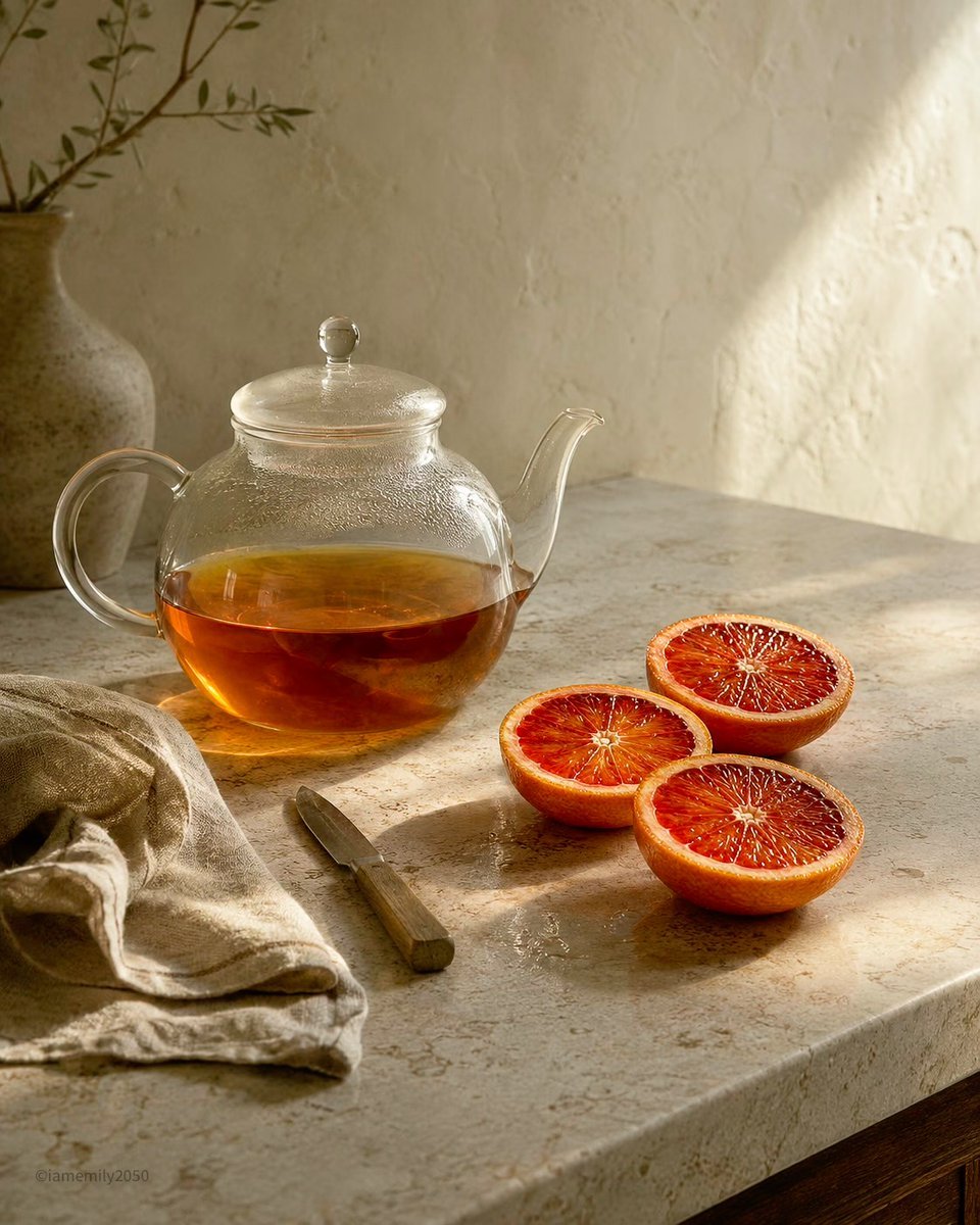 Sunlit Tea and Blood Orange Still Life — AI image template example