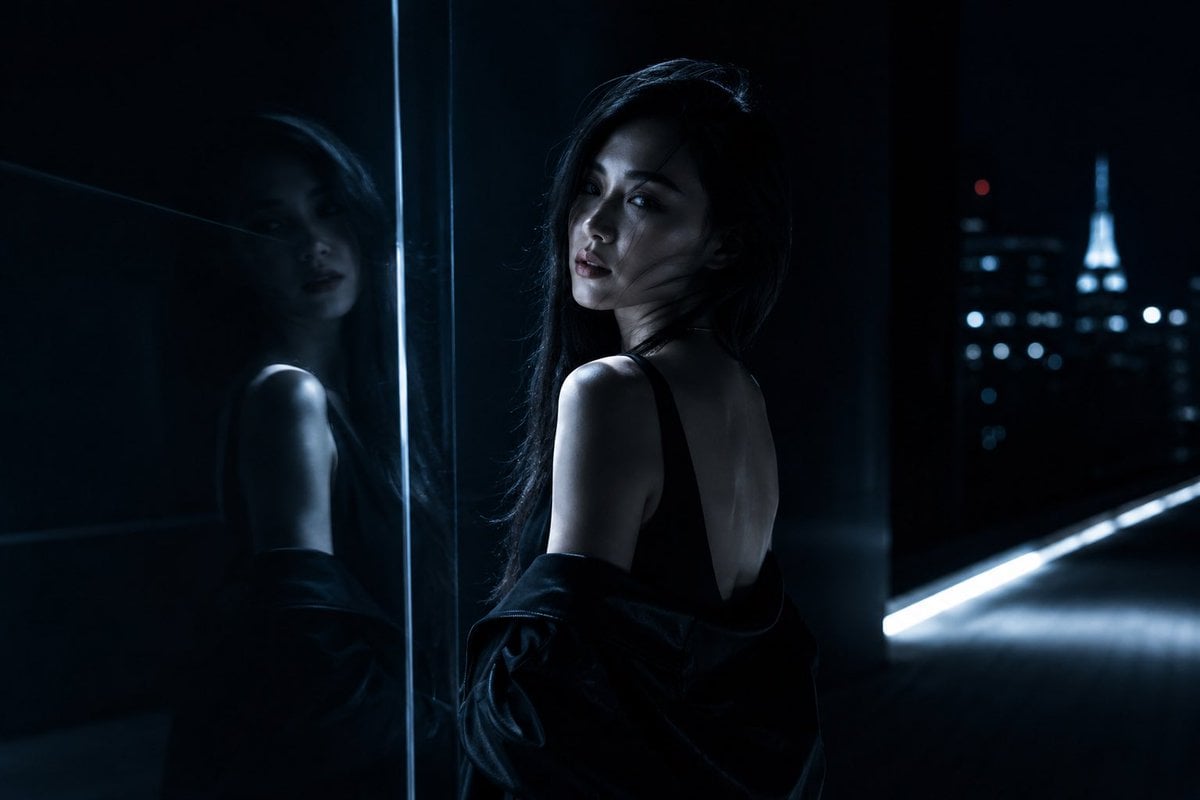Moody Night Balcony Fashion Portrait — AI image template example