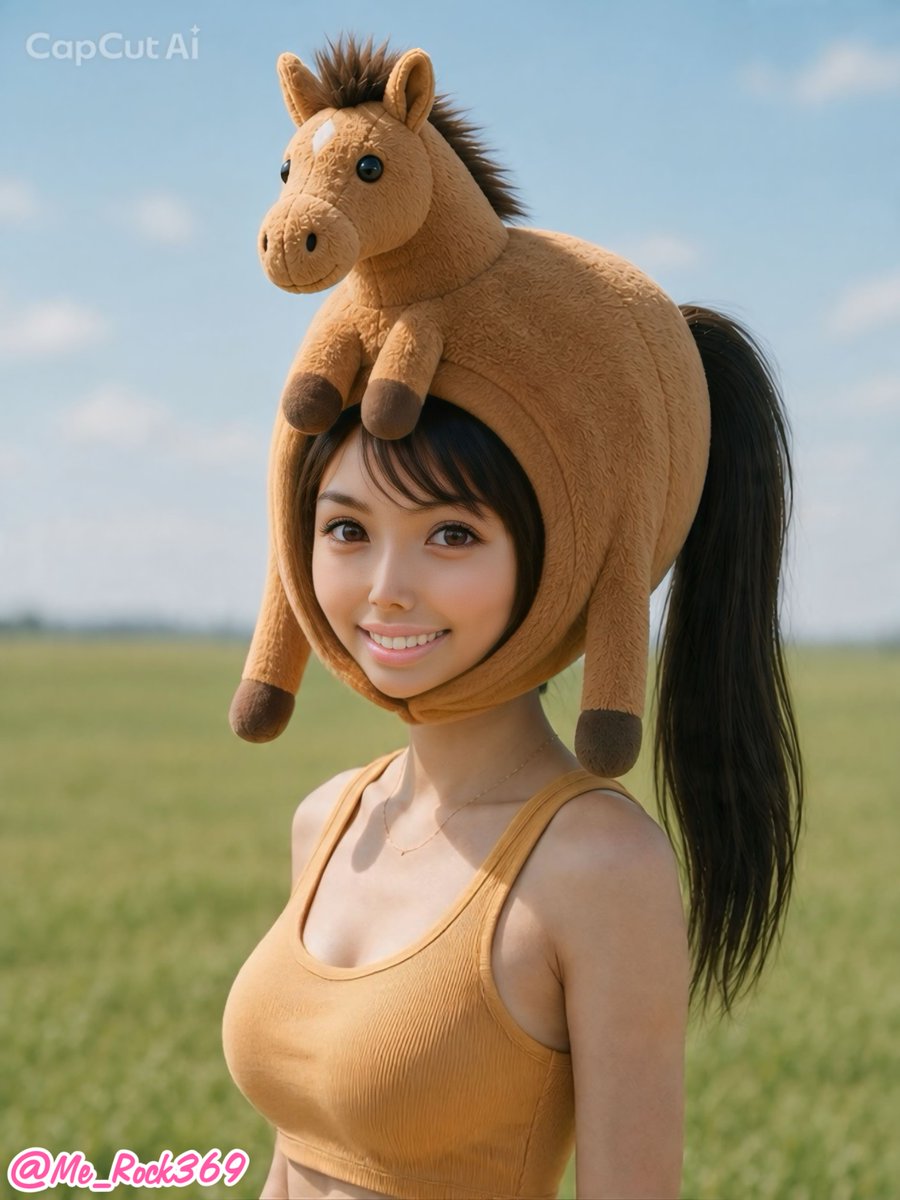 Ponytail Girl in Plush Horse Hood — AI image template example