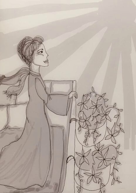 Woman on Balcony Breezy Scene