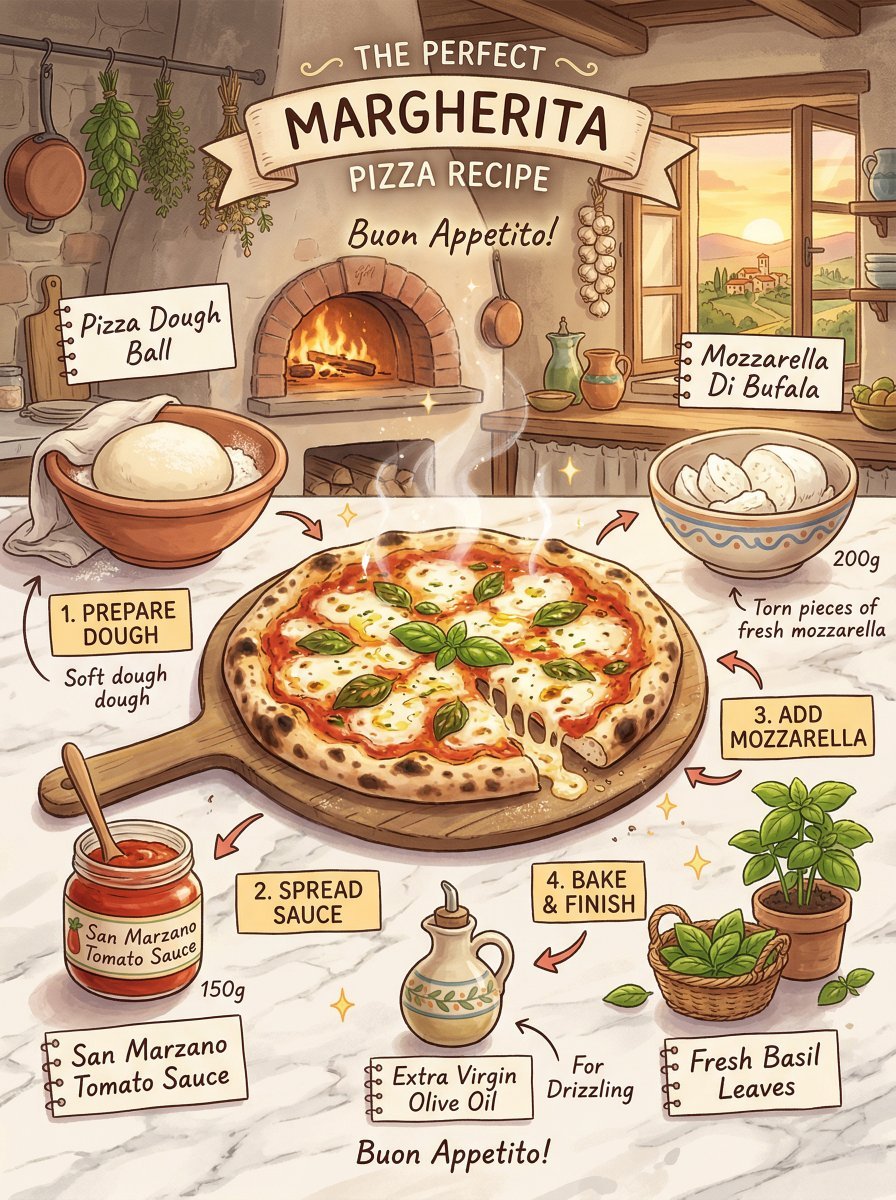 Margherita pizza recipe infographic, Studio Ghibli inspired