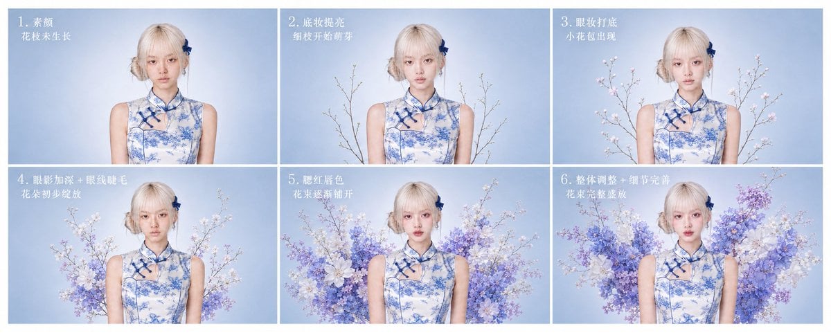 提示词：👇 生成一张 6 步流程图，主题为「旗袍花卉妆造生成过程」。每个小图保持 16:9，排版干