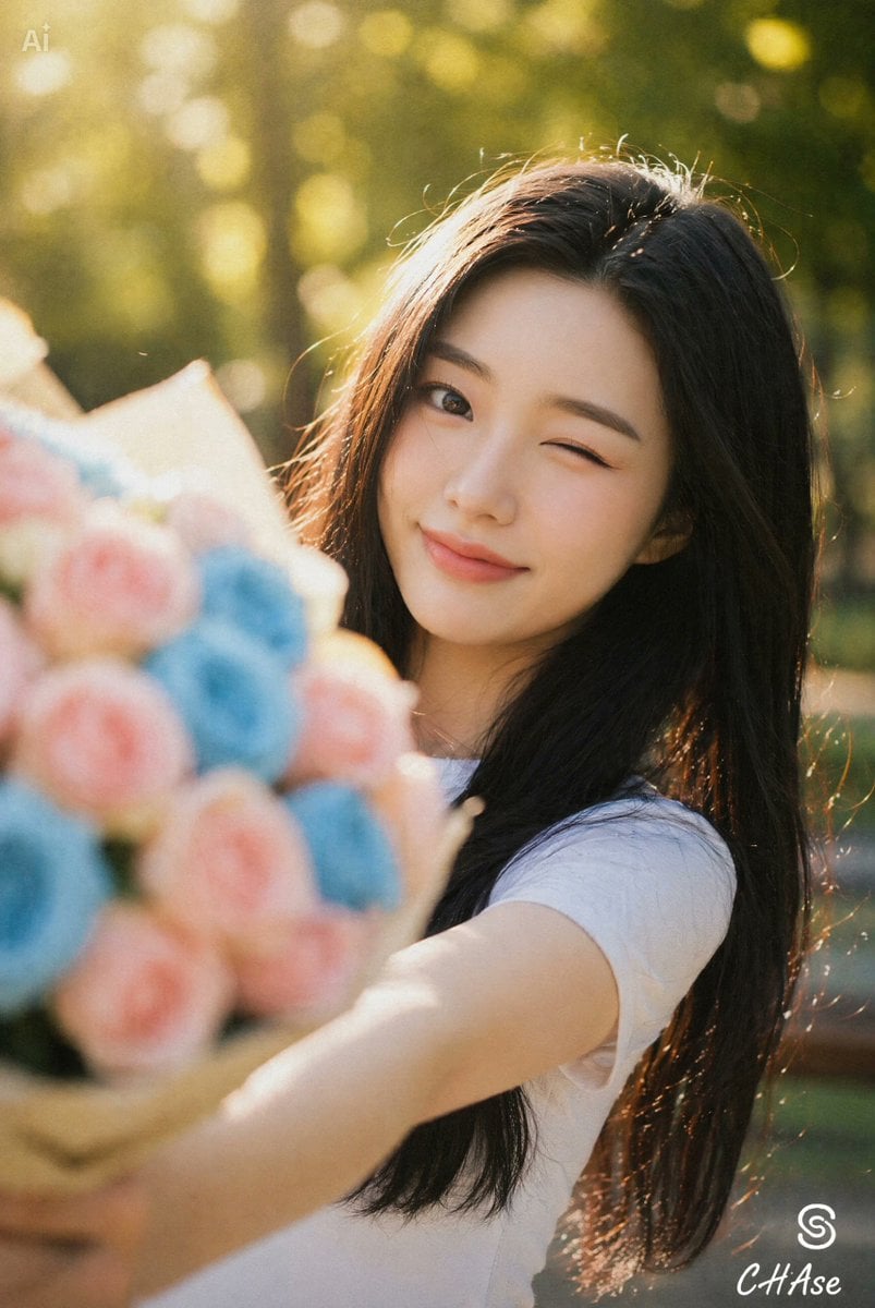 Joyful Winking Woman with Flower Bouquet