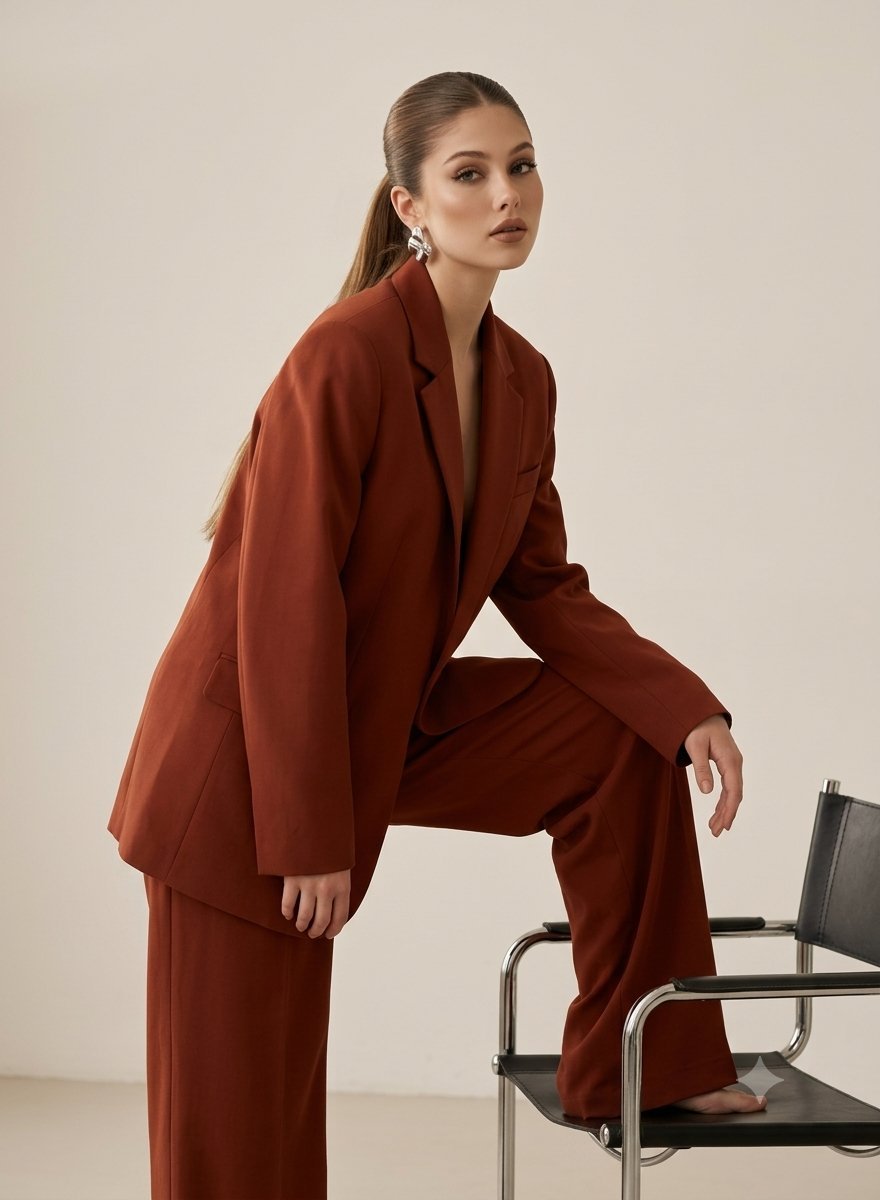 Minimalist Oversized Suit Editorial Portrait — AI image template example