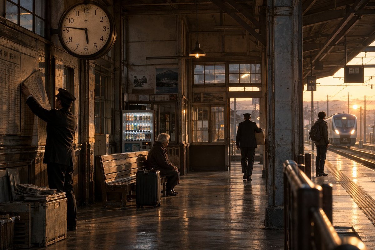 Old Japanese Station at Sunset — AI image template example