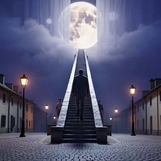 Cinematic Night Reveal of Endless Stone Staircase