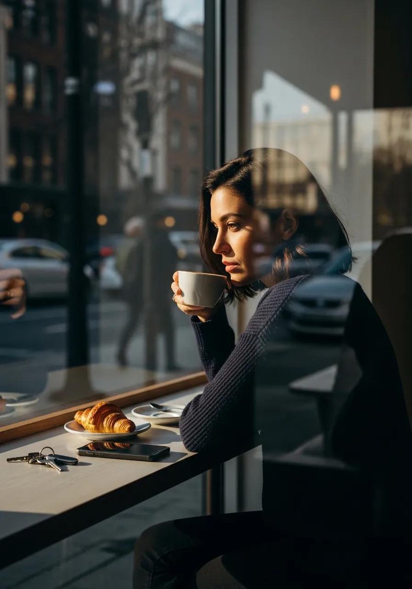 Ultra-realistic cinematic lifestyle photograph of a reflective woman in an urban café