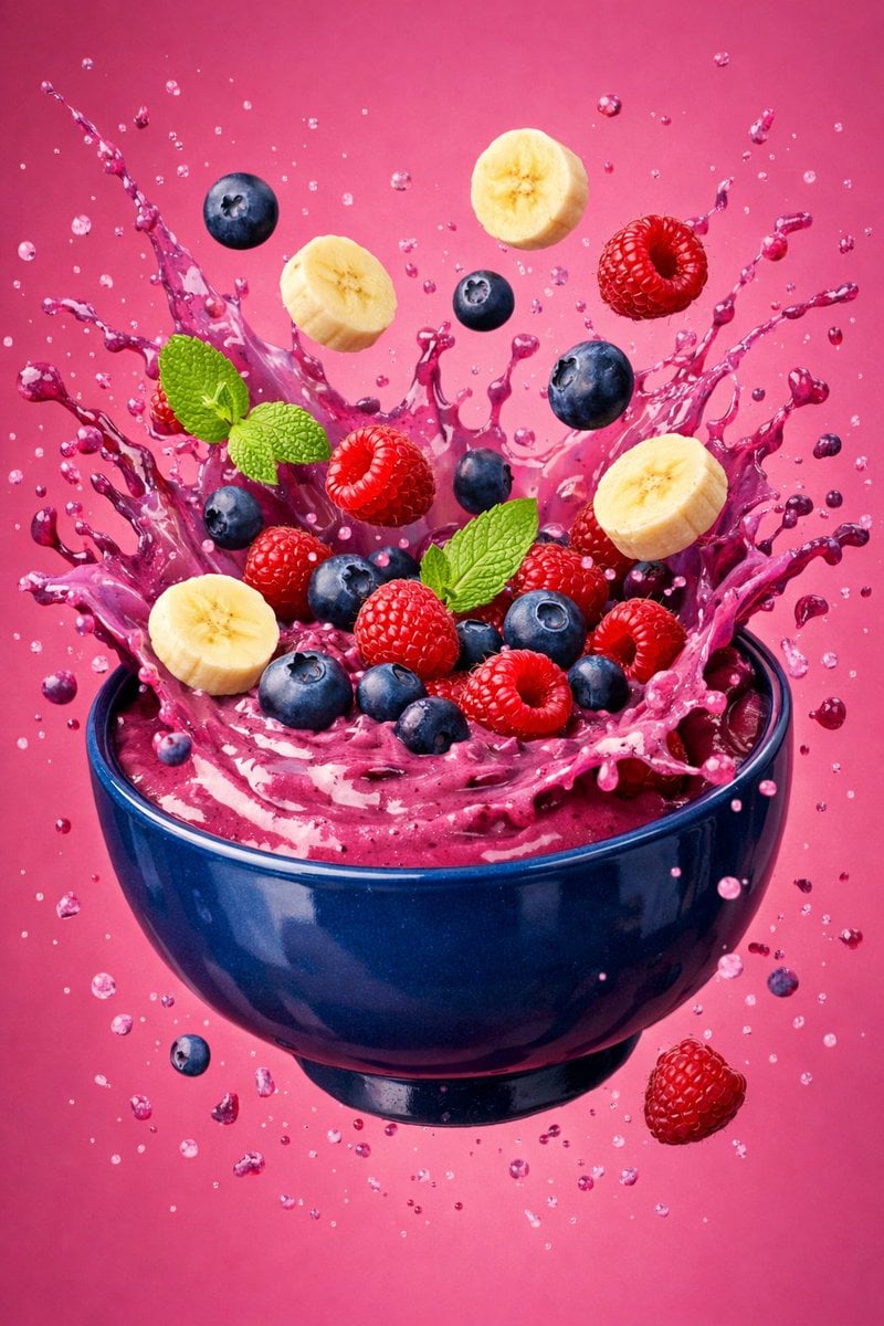 Hyper-Realistic Berry Smoothie Explosion Food Photography Prompt
