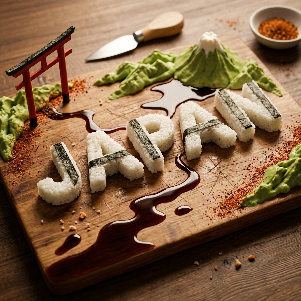 A charcuterie-style board presents JAPAN as an edible sculpture Letters